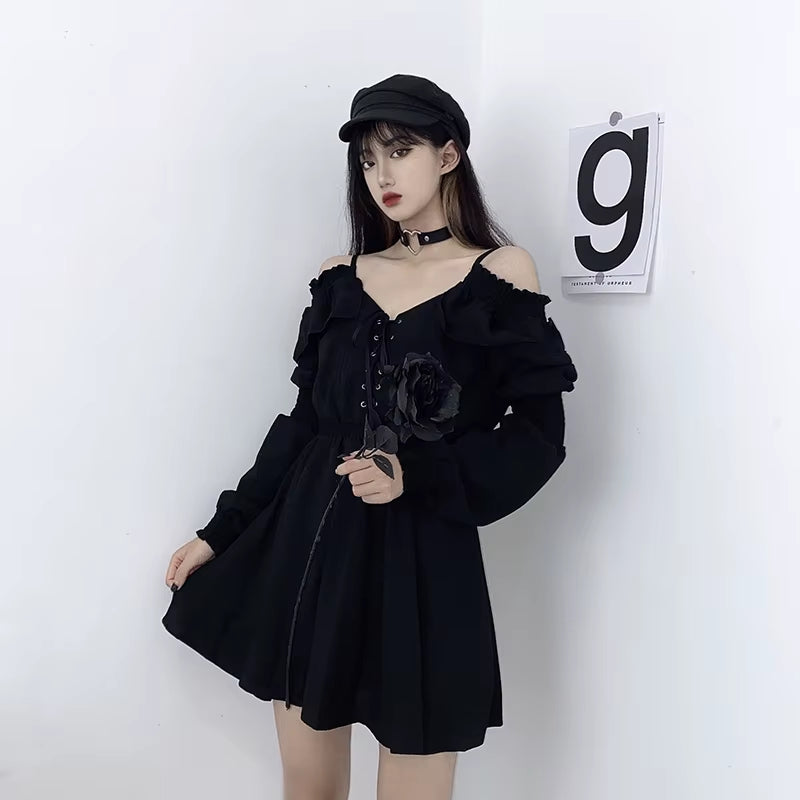 Women Dress M-4XL Lace up Black Autumn 2024 Sexy High Waist Femme Dresses off Shoulder Long Sleeve Gothic Clothes