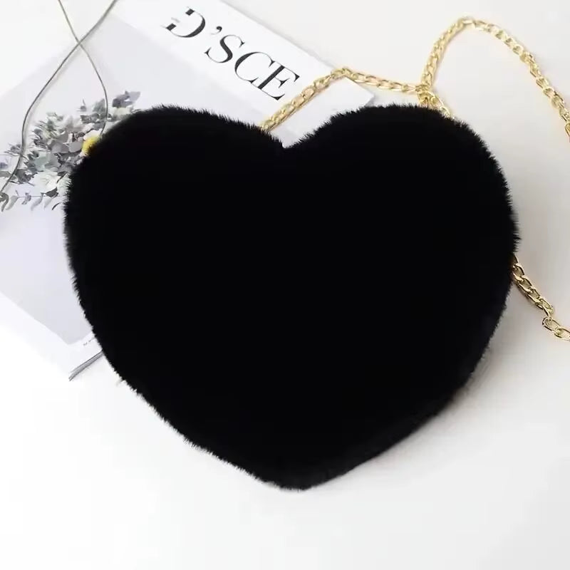 Heart Shaped Fluffy Shoulder Bag Fashion Chain Crossbody Bag Plush Handbag Cute Zipper Purse for Valentine'S Day