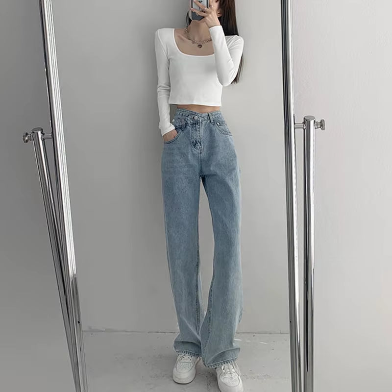 High Waist Blue Jeans Harajuku Korean Ulzzang Harajuku Denim Pants Wild Daily Casual Girl Loose Trouser Streetwear Jean Femme