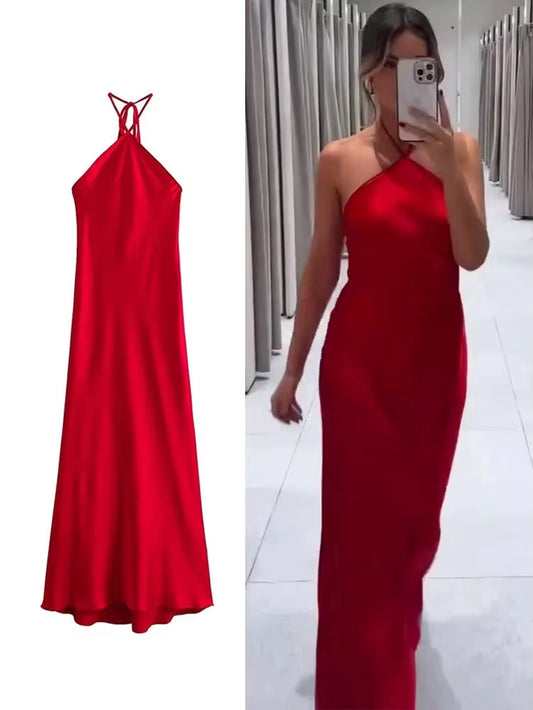 2024 Halter Long Dresses for Women Backless Satin Dress Woman off Shoulder Sexy Midi Dresses Elegant Evening Party Dress