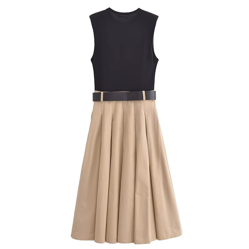 2025 Woman Dresses Belt Pleated Midi Dress Women Sleeveless Summer Dress Woman Knitted Party Dresses for Women Sundress