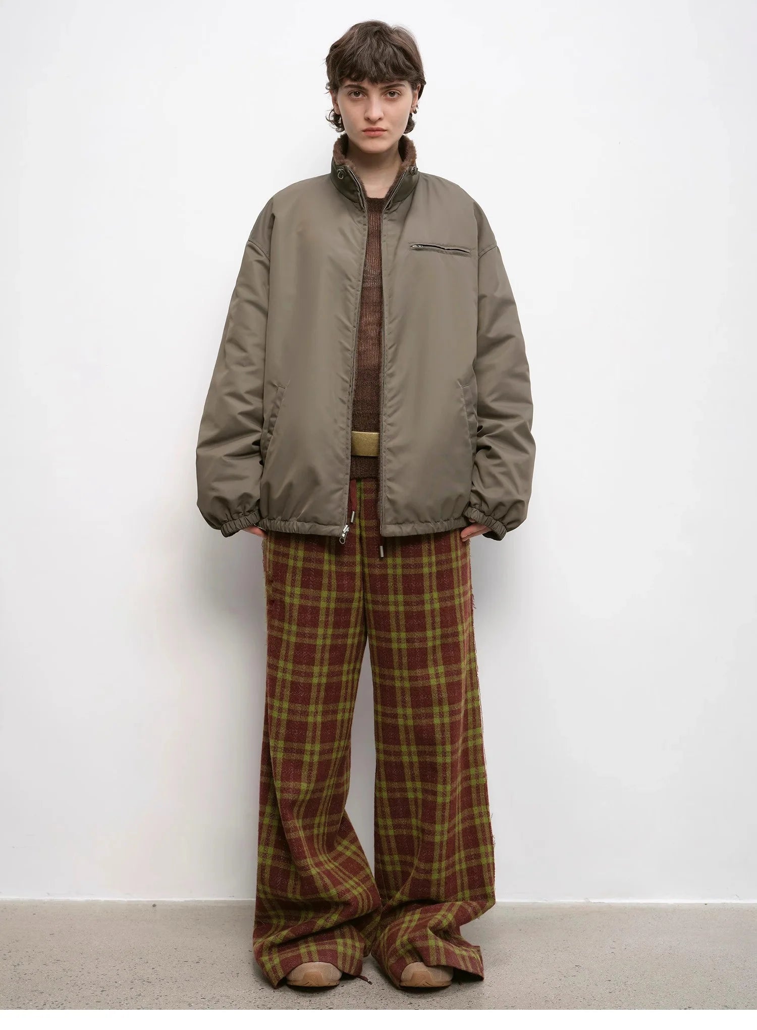"Vintage Opportunity" High-Proportion Merino Wool Single Pleated Plaid Tweed Low-Rise Wide-Leg Casual Pants