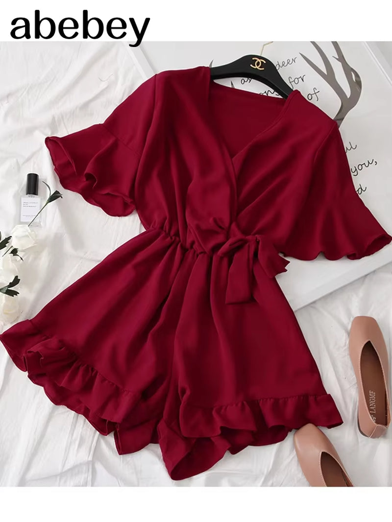 Women Rompers Casual Wide Leg Pants Overalls Short Sleeve V Neck Solid Playsuits Summer Beach Chiffon Ruffle Jumpsuits