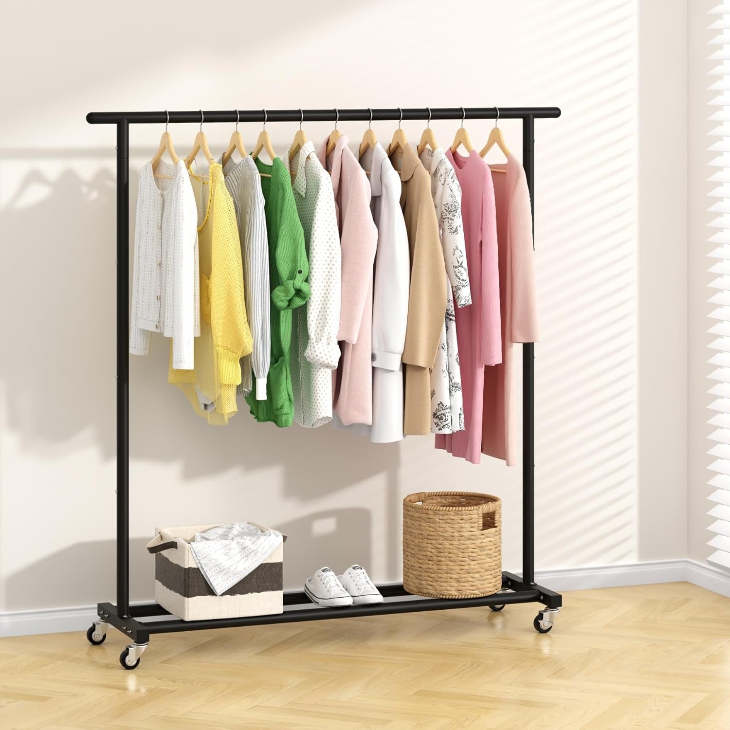 Clothing Rack Clothes Rack Standard Rod Simple Rolling Metal Garment Rack Organizer Freestanding Hanger with Wheels,Black