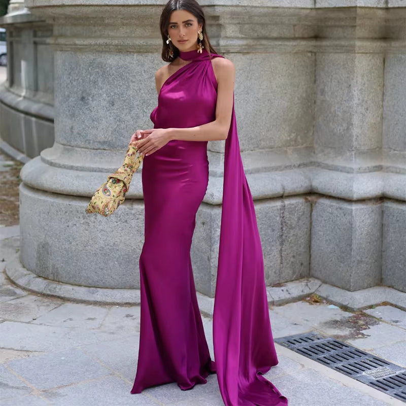 Elegant Ribbon Satin Long Party Dress Women Solid Sleeveless Backless Female Dresses 2025 Spring Summer Lady Chic Evening Gowns