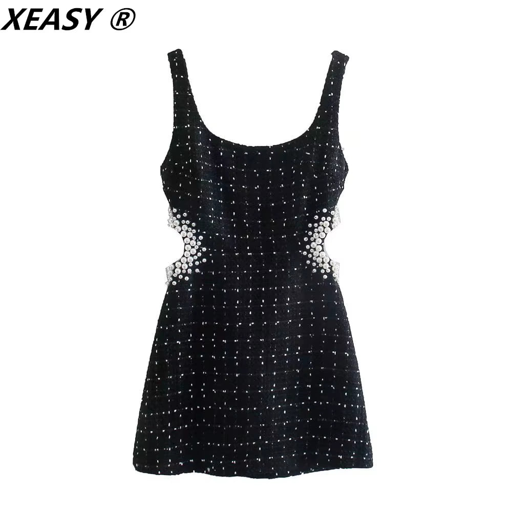 Tweed Dress Women Sexy Bodycon Slip Dress for Women 2021 Vintage Black Casual Women Clothing Hollow Out Waist Mini Dresses