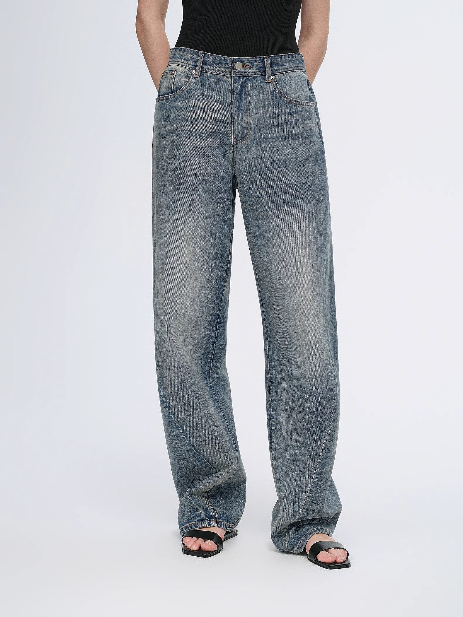 Vintage Heavy Cotton Polyester Blended Washed Comfortable Slim Front Curved Jeans