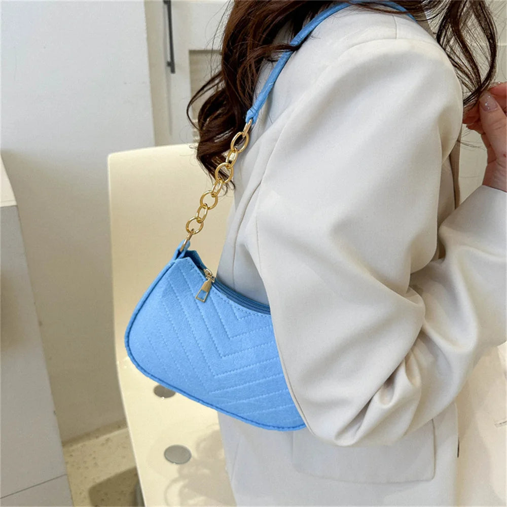 Felt Mini Shoulder Bag Women Fashion Solid Color Casual Handbags with Chain Shoulder Pouch Simple Light Weigh Underarm Bag