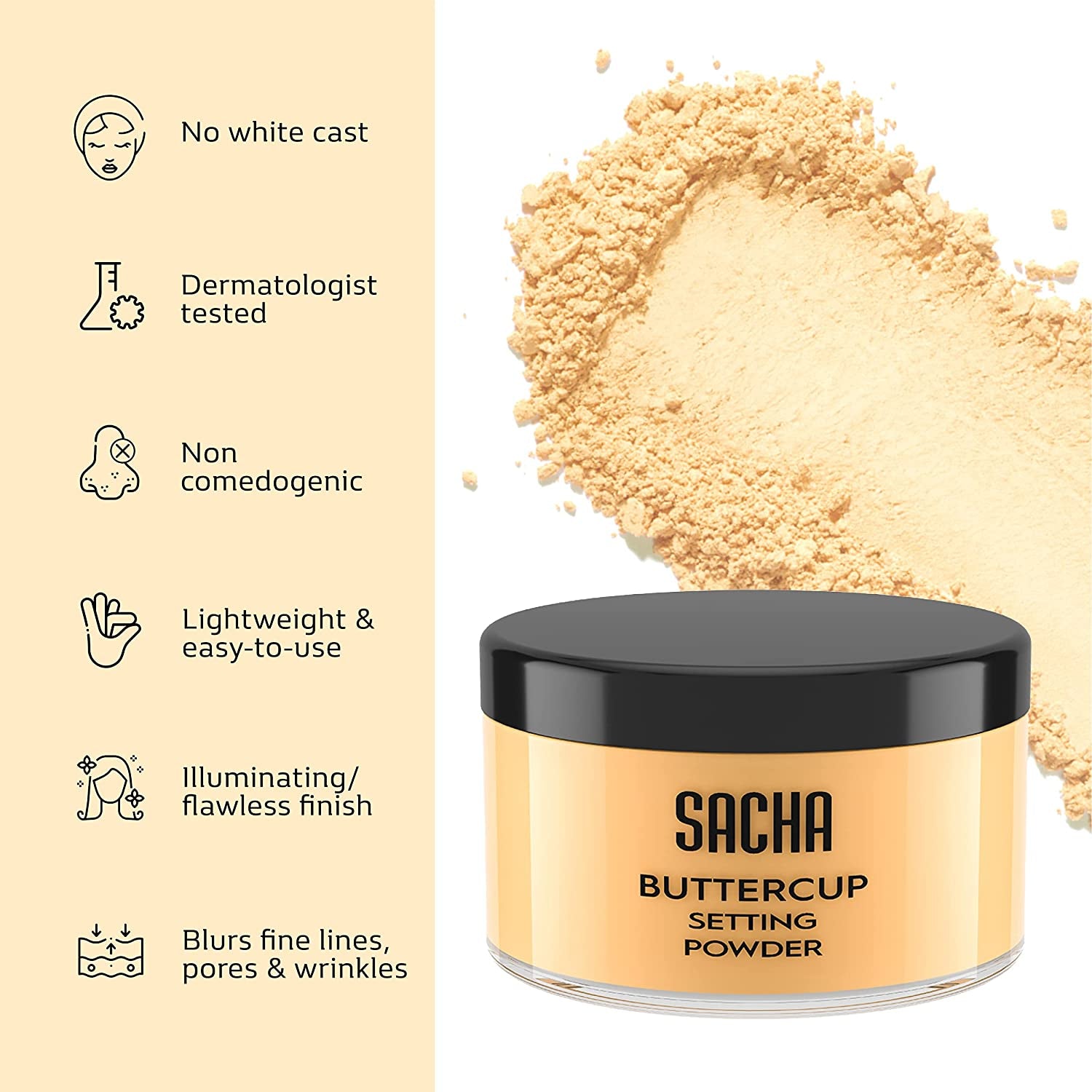 BUTTERCUP POWDER. No Ashy Flashback in Selfies & Photos. Flash-Friendly Loose Face Powder for Medium to Deep Skin Tones 1.25 Oz