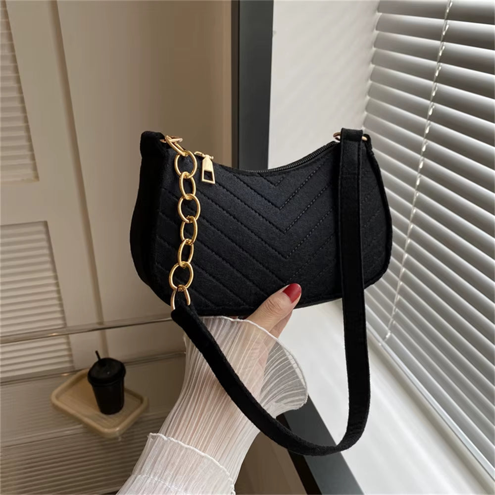 Felt Mini Shoulder Bag Women Fashion Solid Color Casual Handbags with Chain Shoulder Pouch Simple Light Weigh Underarm Bag