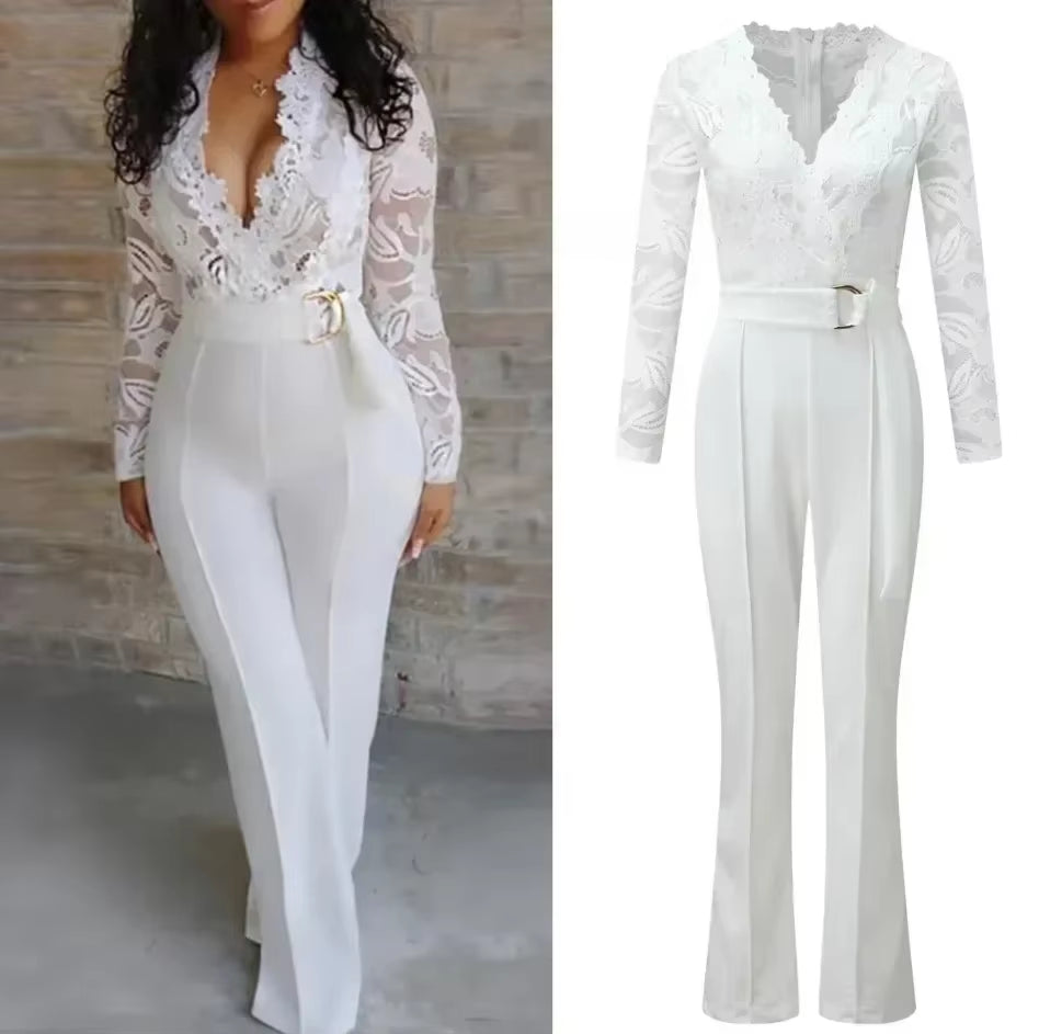 Women White Jumpsuit Lace Stitching Long Sleeve V-Neck Large Size Wide Leg Pants Office Lady Jumpsuits for Woman