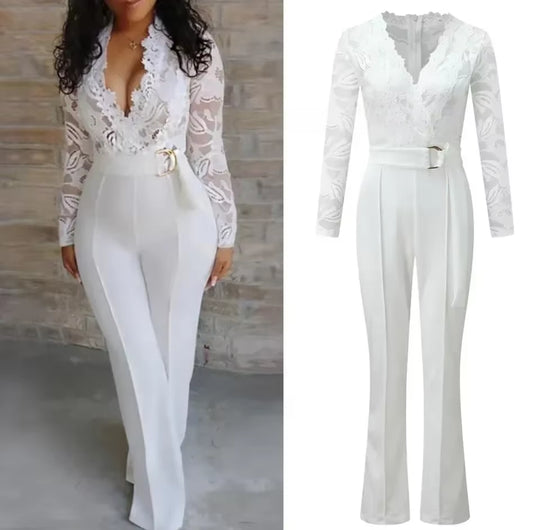 Women White Jumpsuit Lace Stitching Long Sleeve V-Neck Large Size Wide Leg Pants Office Lady Jumpsuits for Woman