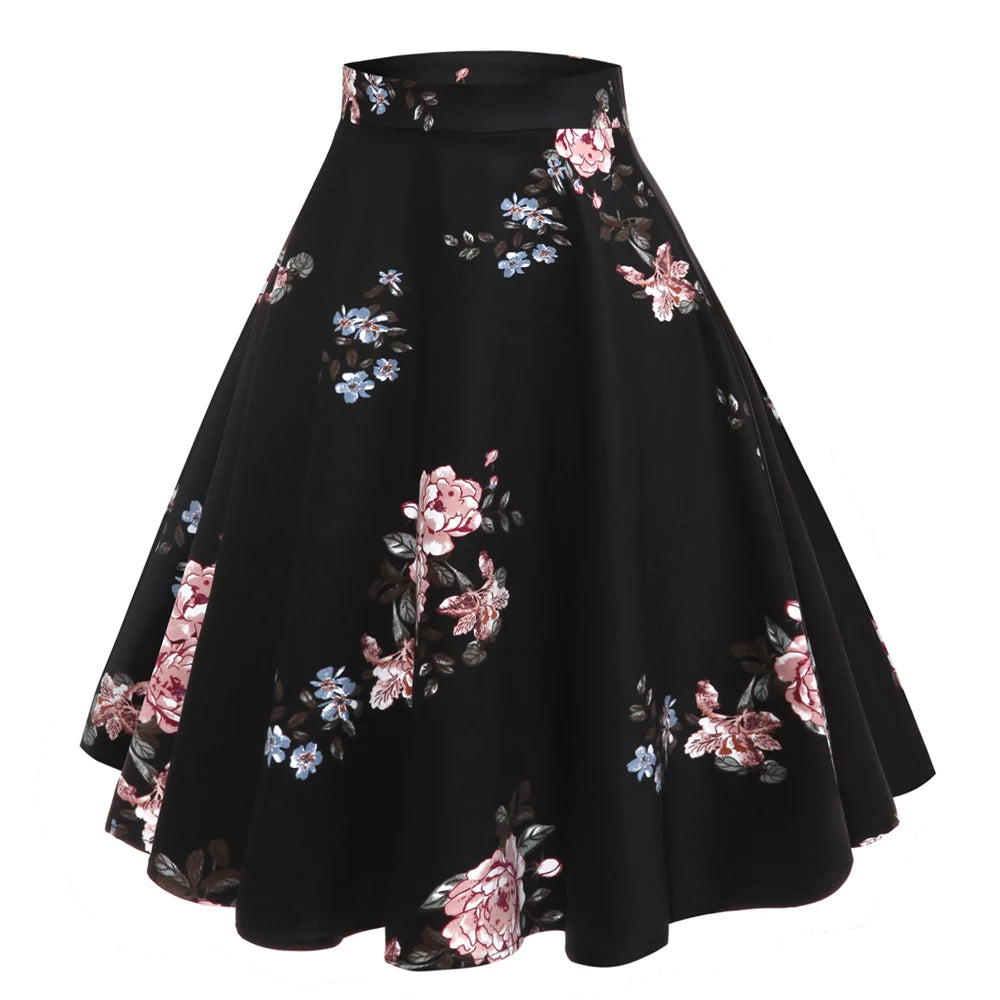 A Line Midi Floral Retro Skirt High Waist Cotton Vintage Women School Flower Print Elegant Pleated 50S Swing Skater