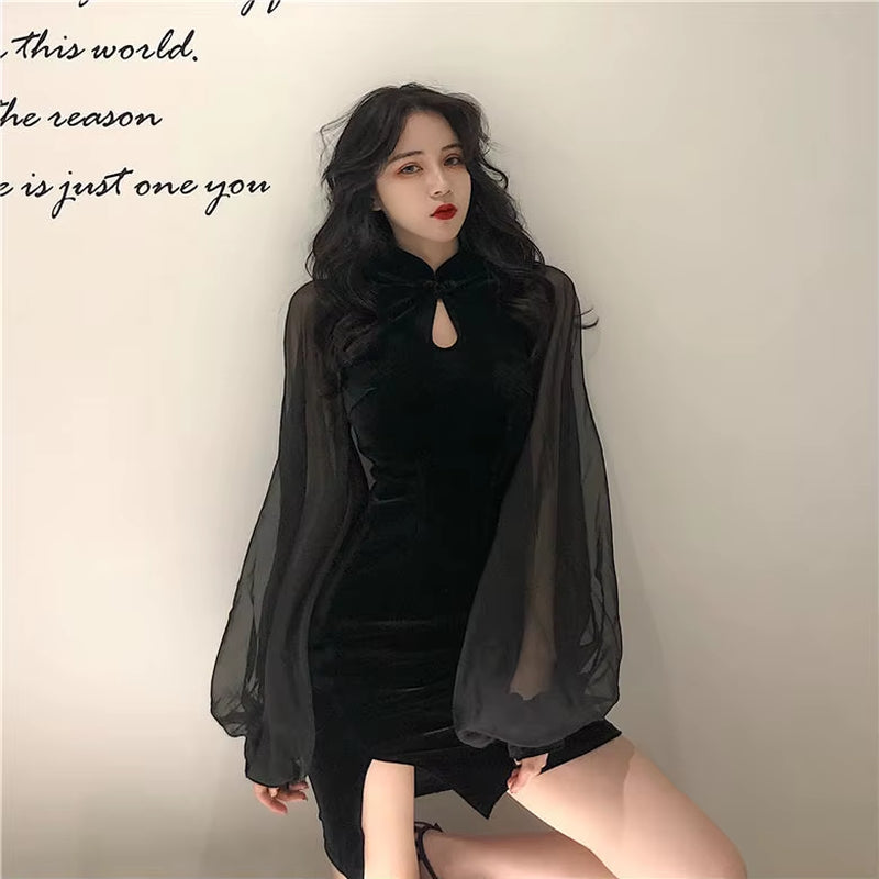 Black Slit Dress Women'S Clothing Retro Patchwork Velvet Lantern Sleeve Dress Sexy Woman Dresses Vestido De Mujer Femme Robe