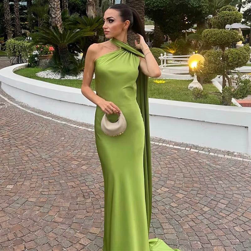 Elegant Ribbon Satin Long Party Dress Women Solid Sleeveless Backless Female Dresses 2025 Spring Summer Lady Chic Evening Gowns