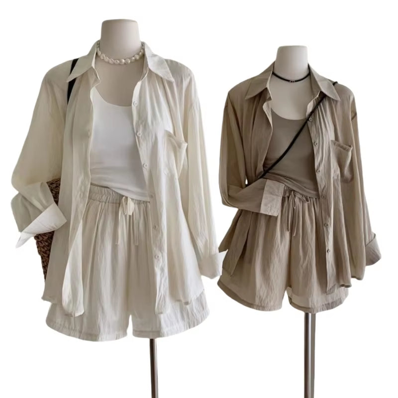 Lazy Korean Casual Polo Collar Sun Protection Shirt with Stacked Short Suspender Vest Shorts Three Piece Set for Woman
