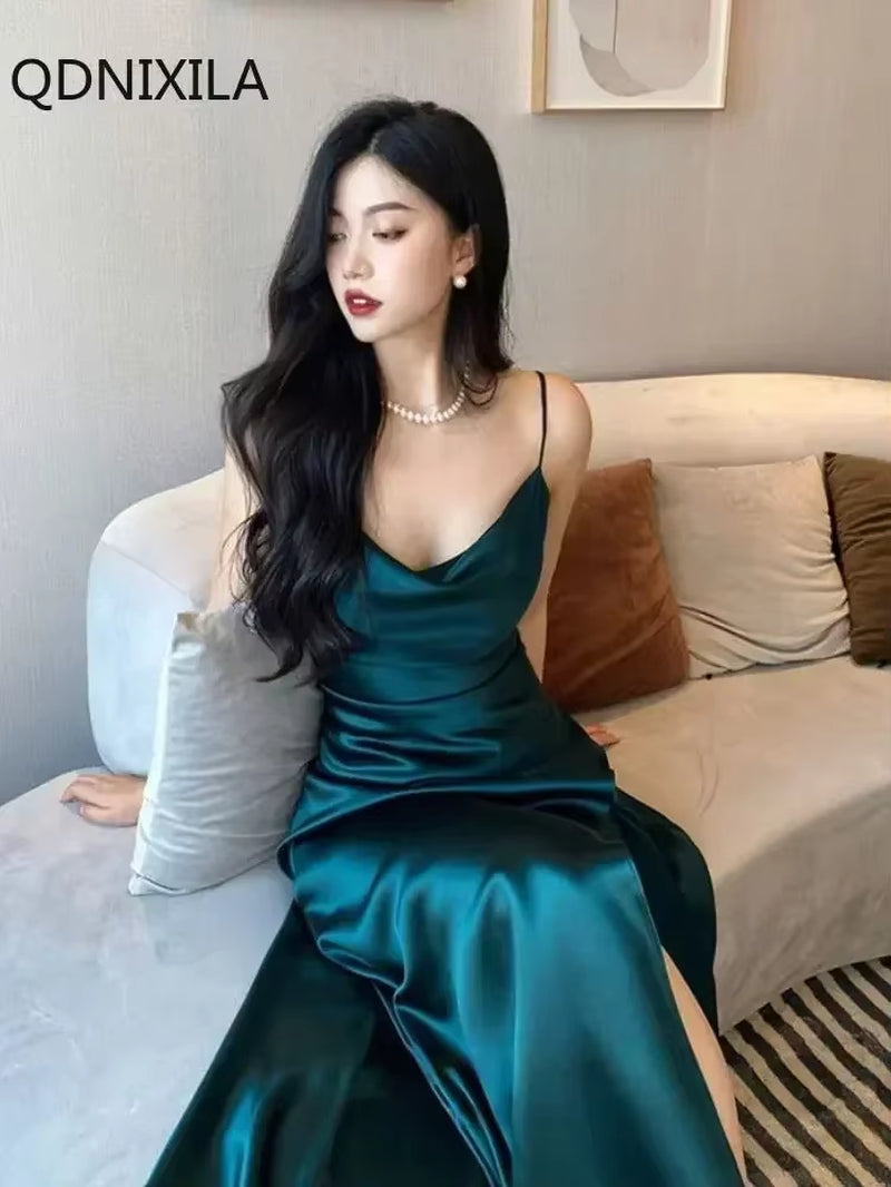 Women'S Satin Open Back Dress, Spaghetti Strap, Slim Fit, Monochromatic, Party Dresses, Sensual, Sexy, New,Summer Dress