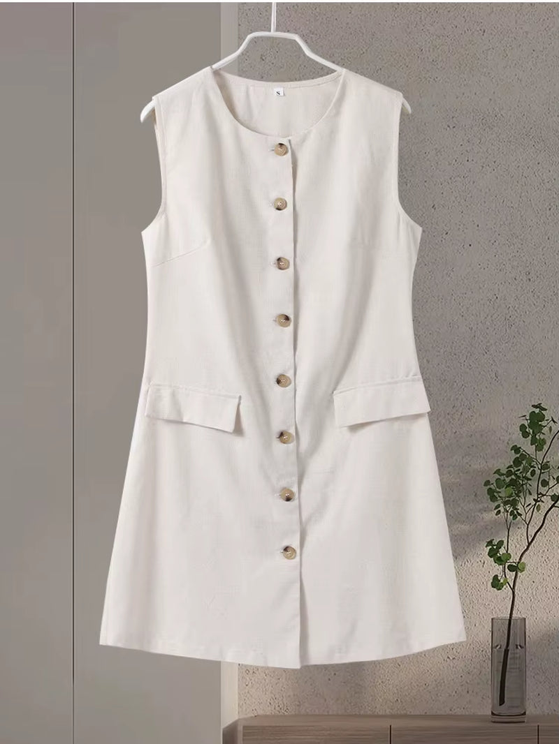 Casual Linen Dresses Women Slim Sleeveless Single Breasted Fashion Mini Robe Female Summer Solid round Neck High Waist Dresses