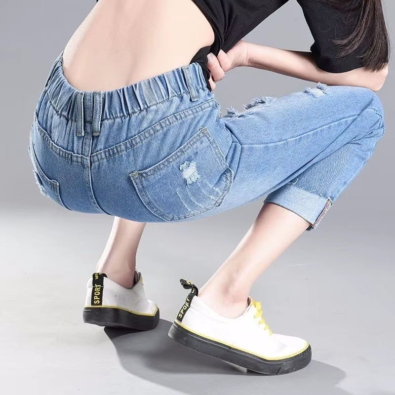 Broken Jeans Women'S Elastic Waist Loose Waist Joker Harlan Pants