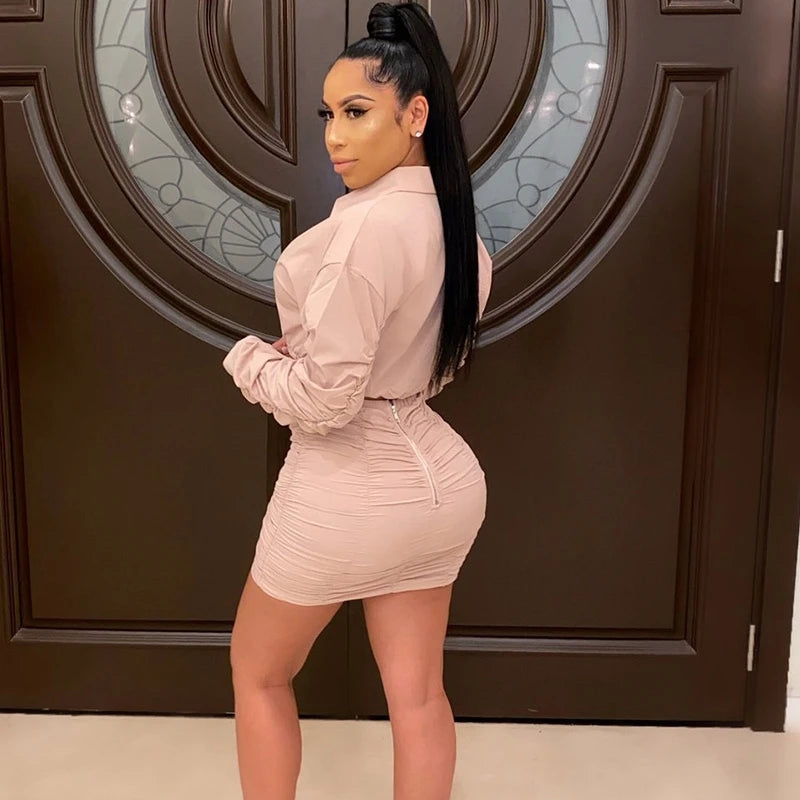 Ruched Sexy Two Piece Set Women Skirt and Top Fashion Mini Skirt Set for Women Party Club Elegant 2 Piece Sets Womens Outfits