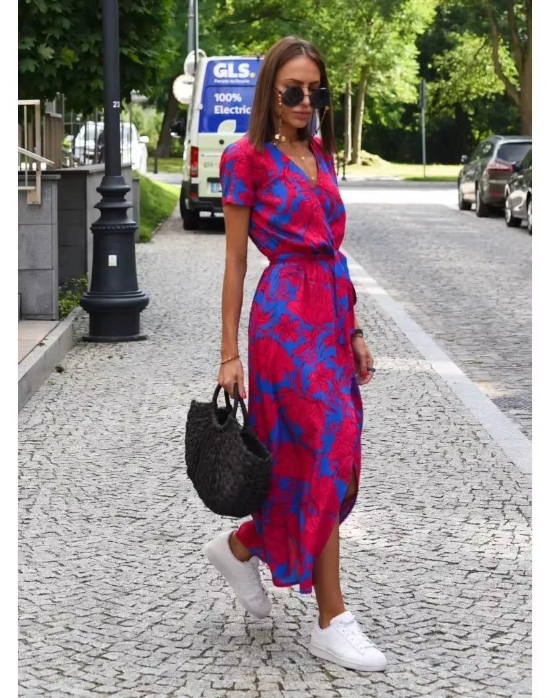 Summer Women'S New V-Neck Floral Printed Mid-Length Dress Split Vacation Style Fashion Long Dresses