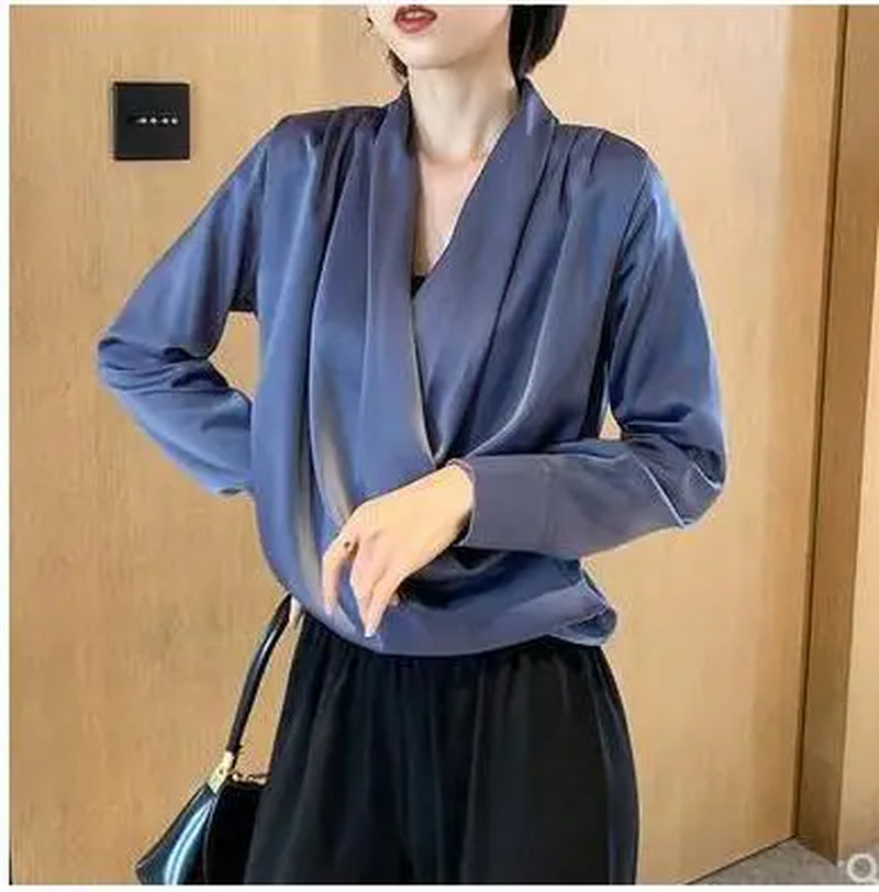 Autumn Spring French Silk Satin Shirts Women Sexy V-Neck Long Sleeve Fashion Women Shirt Lady Office Blouses Female Loose 2022