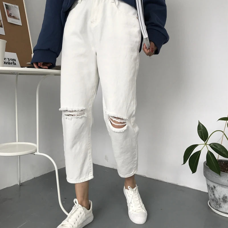 Jeans Women Ripped Hole High Waist Zipper Fly Button Straight Ankle-Length Womens Trousers Basic Bottoms Black Jean Femme Chic