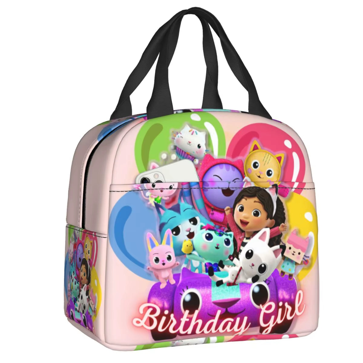 Custom Gabbys Dollhouse Portable Lunch Box Women Waterproof Cartoon Kitten Cats Thermal Cooler Food Insulated Lunch Bag