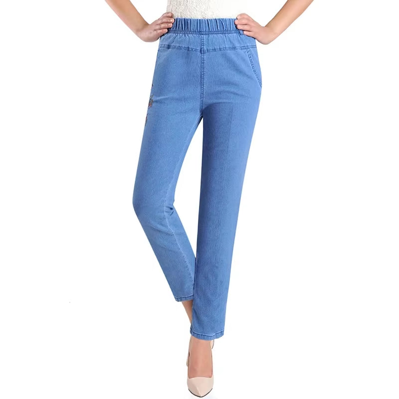 L-5XL Jeans Female Spring Summer New Embroidery Nine Denim Pants Slim High Waist Elasticity Casual Women Cowboy Pants H450