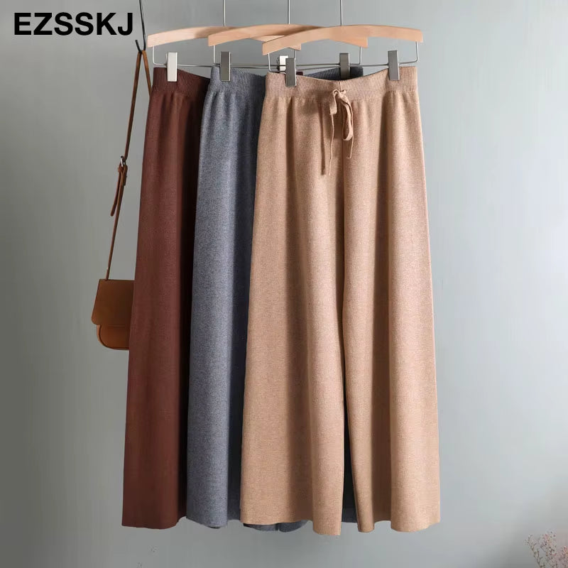 2020 Autumn Winter New THICK Casual Straight Pants Women Female Drawstring Loose Knitted Wide Leg Pants Casual Trousers