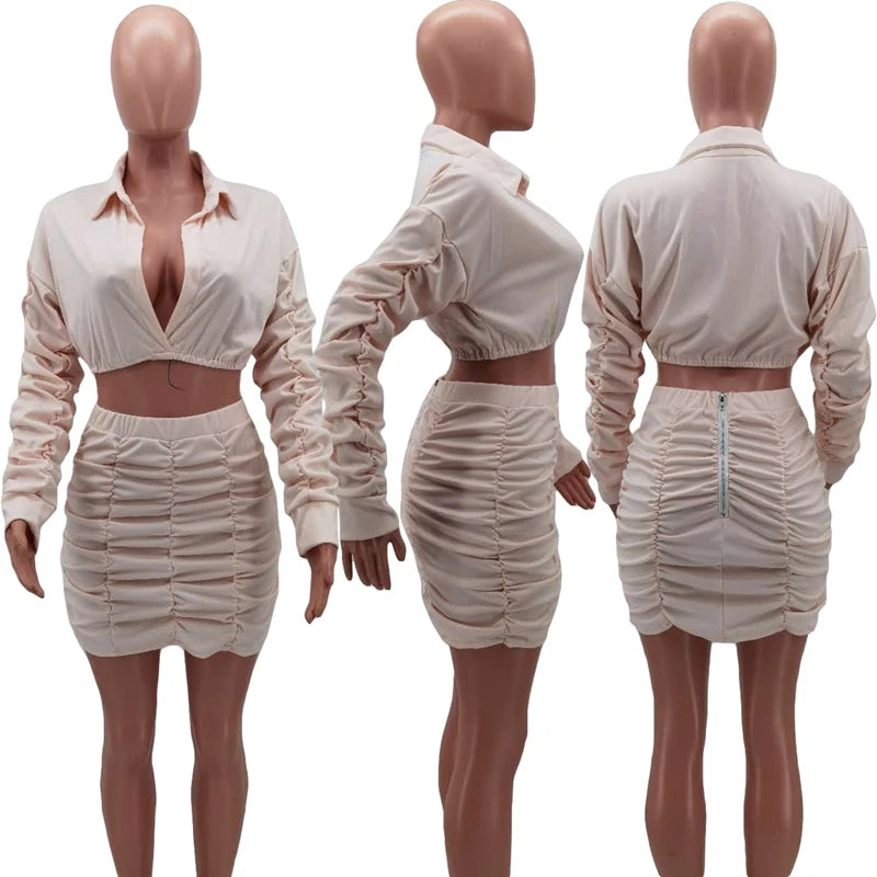 Ruched Sexy Two Piece Set Women Skirt and Top Fashion Mini Skirt Set for Women Party Club Elegant 2 Piece Sets Womens Outfits