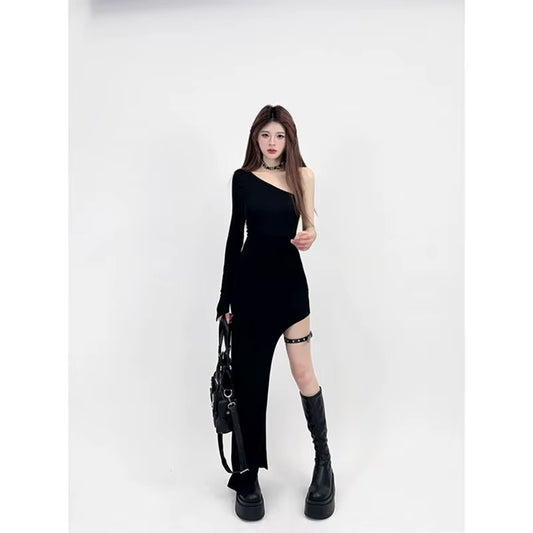 Sexy Black Maix Dress for Women Slim Waist Long Sleeve Split Robe Femme off Shoulder Bodycon Y2K Dresses 2025 Vestidos De Mujer