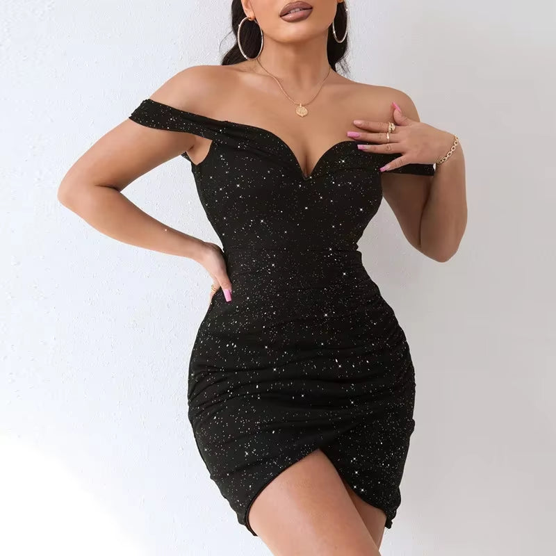 Sexy V-Neck One Shoulder Mini Dress Party Women'S Sleeveless Skirt High Slit Short Skirt Summer Fashion Elegant Lady