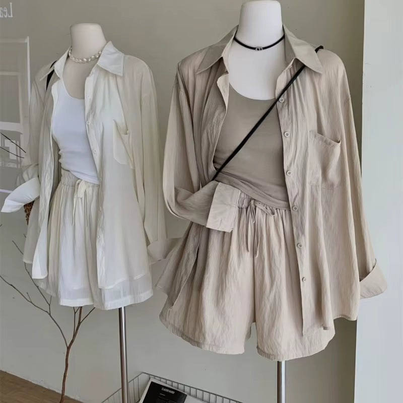 Lazy Korean Casual Polo Collar Sun Protection Shirt with Stacked Short Suspender Vest Shorts Three Piece Set for Woman