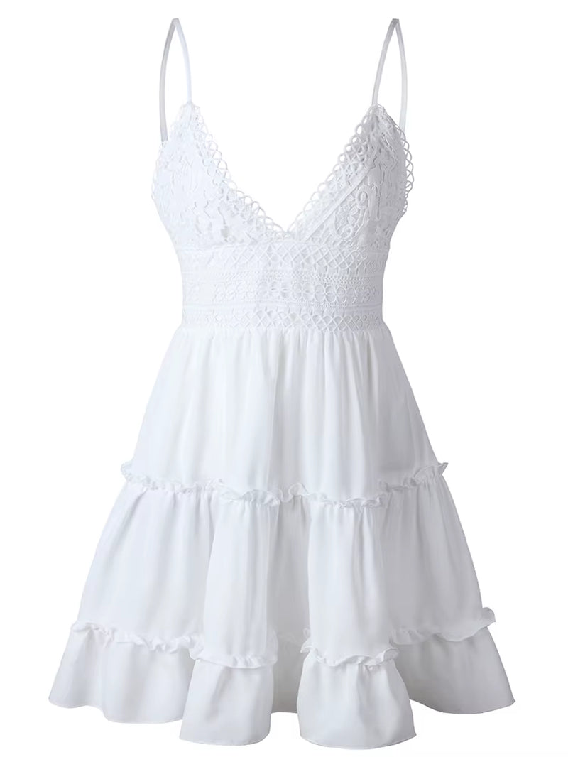 Summer Women White Lace Halter Dress Sexy Backless Beach Dresses 2022 Fashion Sleeveless Spaghetti Strap Casual Mini Sundress