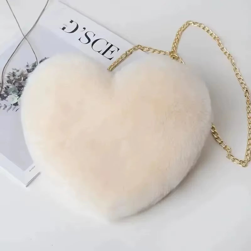 Heart Shaped Fluffy Shoulder Bag Fashion Chain Crossbody Bag Plush Handbag Cute Zipper Purse for Valentine'S Day