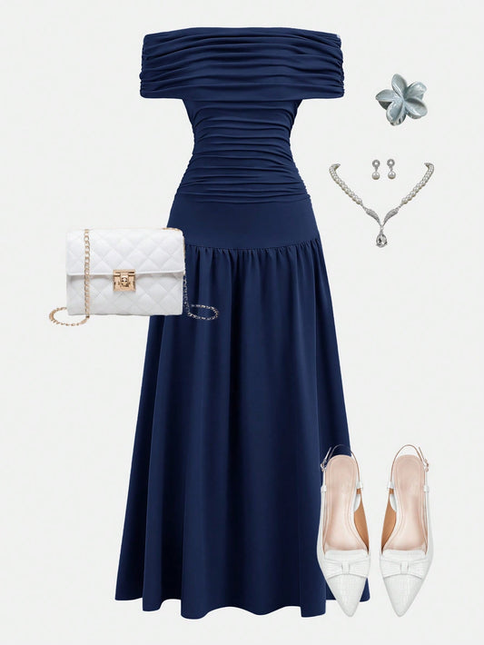 SHEIN Girlism Elegant Navy Blue Long Striped A-Line Teen Dress with Short Sleeves for Everyday Casual Navy Blue Formal Dress Blue Elegant Dress Dress for Wedding Guest off the Shoulder Dress Classy Evening Wear