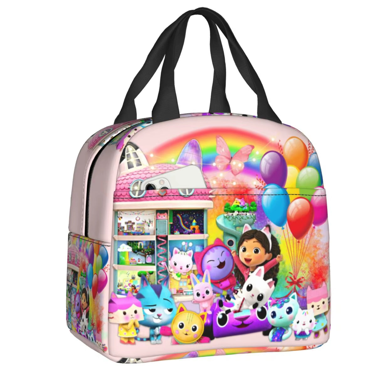 Custom Gabbys Dollhouse Portable Lunch Box Women Waterproof Cartoon Kitten Cats Thermal Cooler Food Insulated Lunch Bag