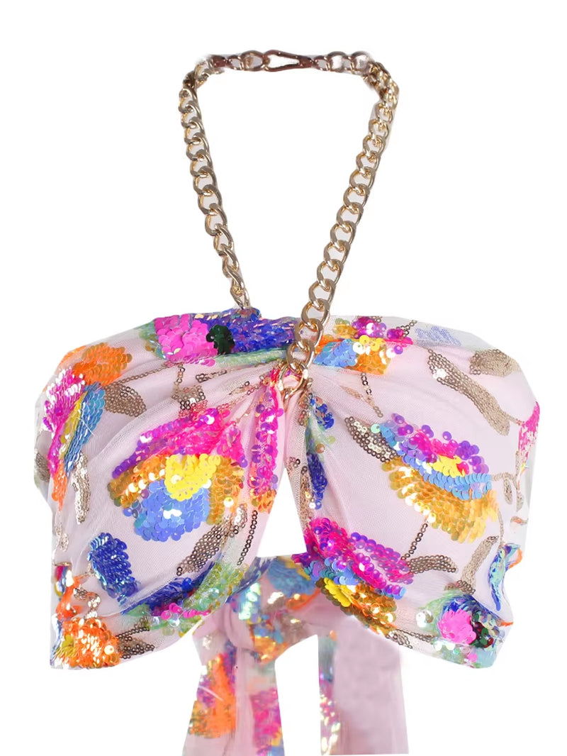 Pink Shine Sequin Backless Slip Mini Dress White Chain Straps Sexy Short Cocktail Party Night Dresses Lush Prom Summer