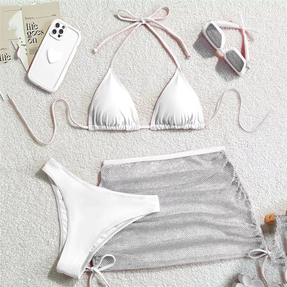 Solid Brown Swimwears String Halter Triangle 3 Piece Bikini Set Sexy Swimsuit Women 2025 Mesh Skirts Bathing Suit Bikinis Dames