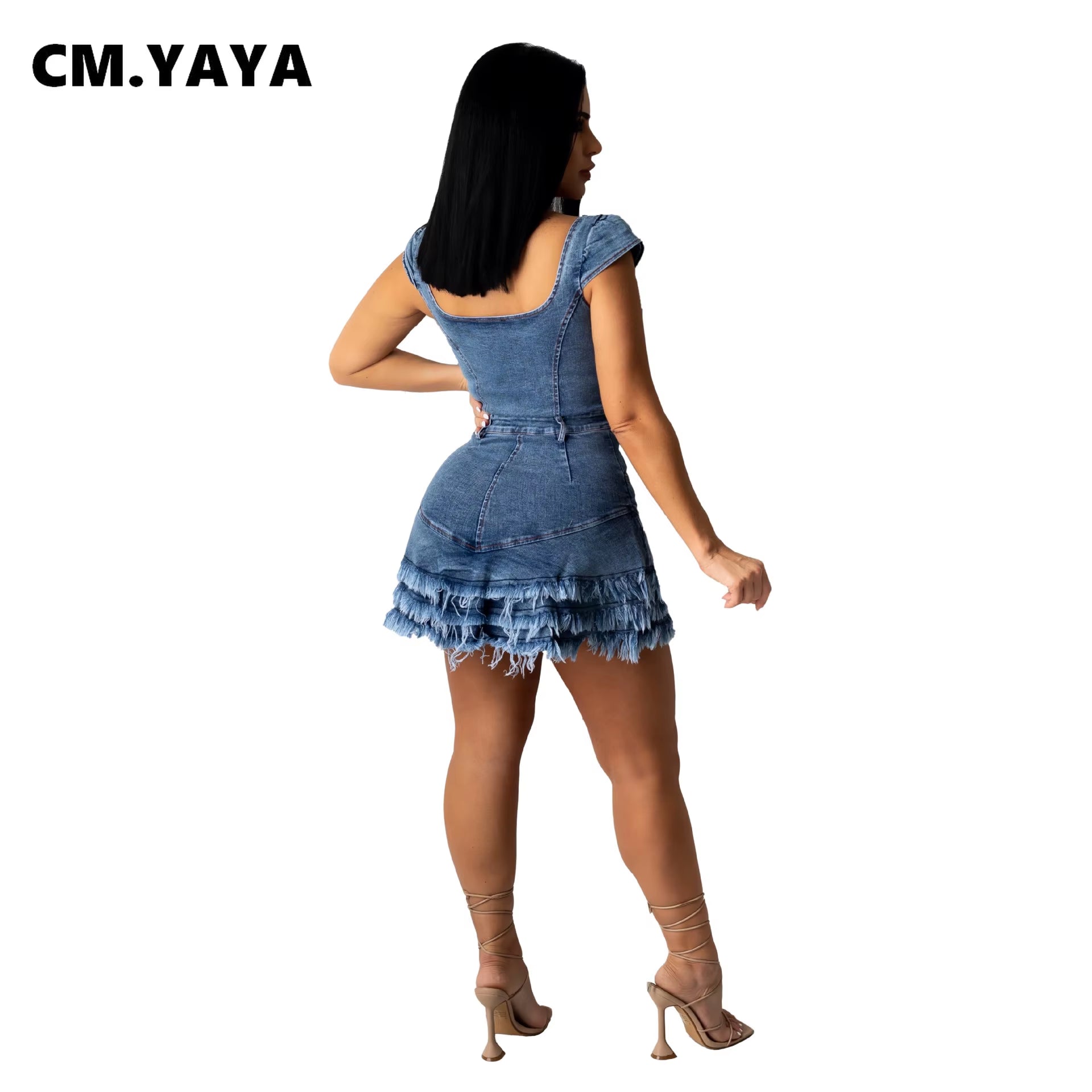 Women Denim Dress Tassel Solid Short Sleeve Square Collar Single Breasted Pockets A-Line Mini Dresses Sexy Outfit Summer