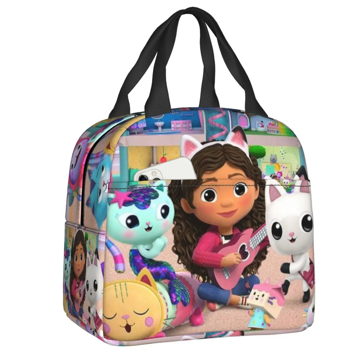 Custom Gabbys Dollhouse Portable Lunch Box Women Waterproof Cartoon Kitten Cats Thermal Cooler Food Insulated Lunch Bag