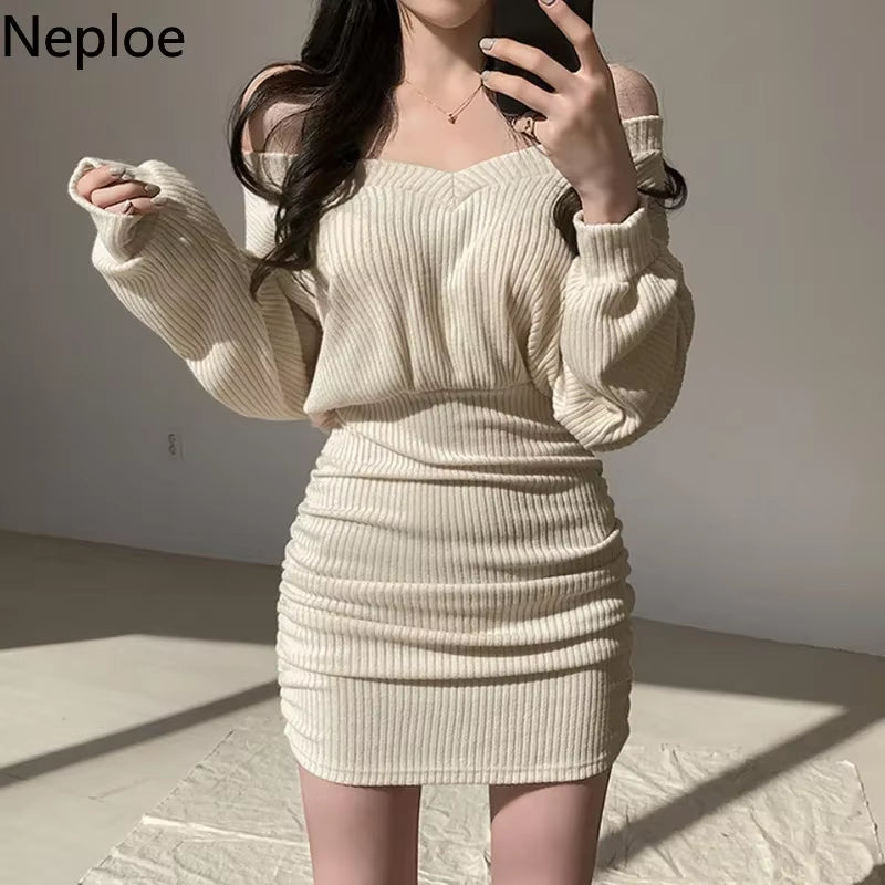 Neploe 2025 Korean Mini Dress Women Sexy V Neck Sweater Fashion Elegant Bodycon Dresses Long Sleeve Pleated Robe Knit Vestidos