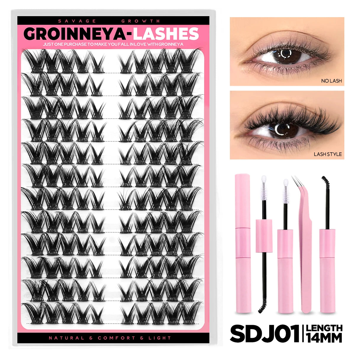 Cat Eyelashes Clusters Kit Winged End Eye Elongated DIY Lash Extension Kit Lash Bond & Seal & Eyelash Tweezers Fox Eye