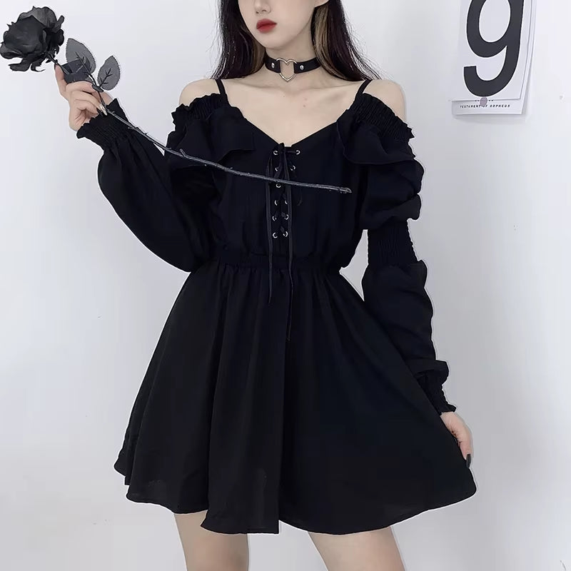 Women Dress M-4XL Lace up Black Autumn 2024 Sexy High Waist Femme Dresses off Shoulder Long Sleeve Gothic Clothes