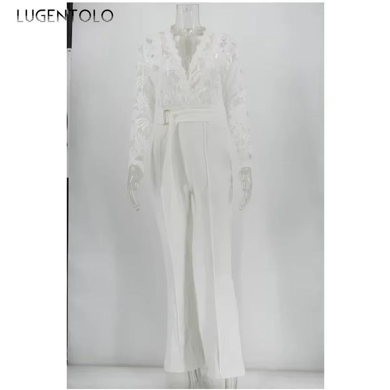 Women White Jumpsuit Lace Stitching Long Sleeve V-Neck Large Size Wide Leg Pants Office Lady Jumpsuits for Woman