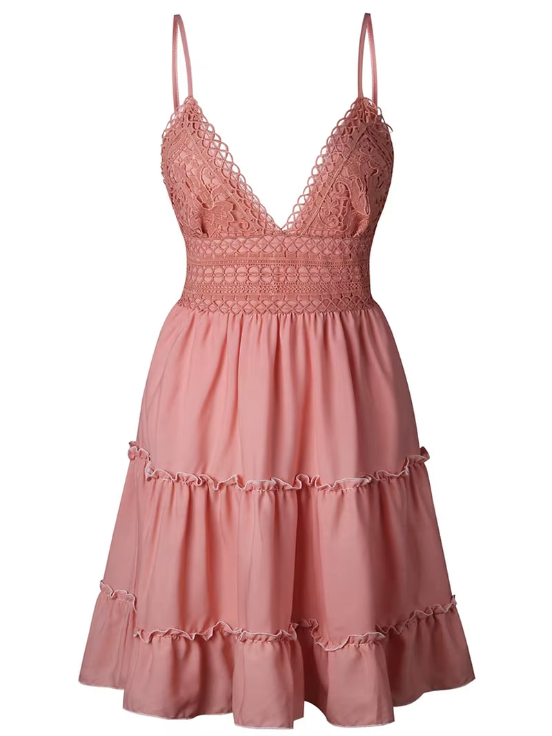 Summer Women White Lace Halter Dress Sexy Backless Beach Dresses 2022 Fashion Sleeveless Spaghetti Strap Casual Mini Sundress