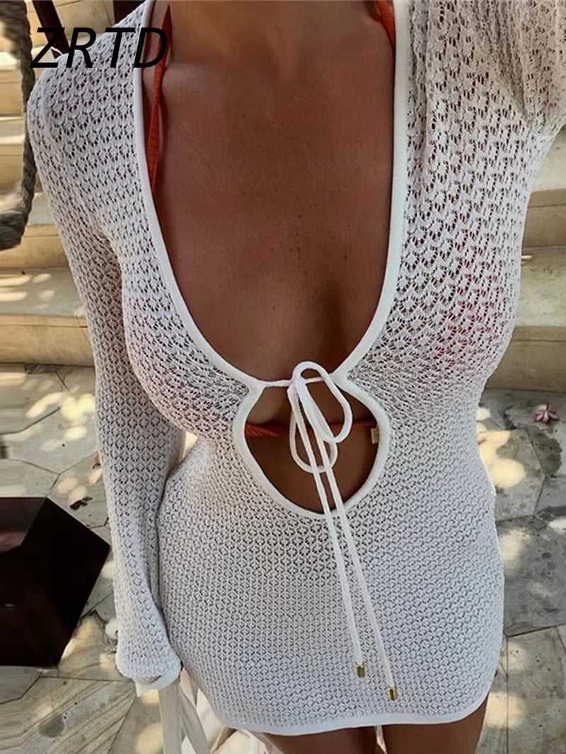 Beach Knit Hollow Out Short Dress Women Fashion Lace up Flare Sleeve Female Dresses 2025 Spring Summer Lady Vacation Solid Robes