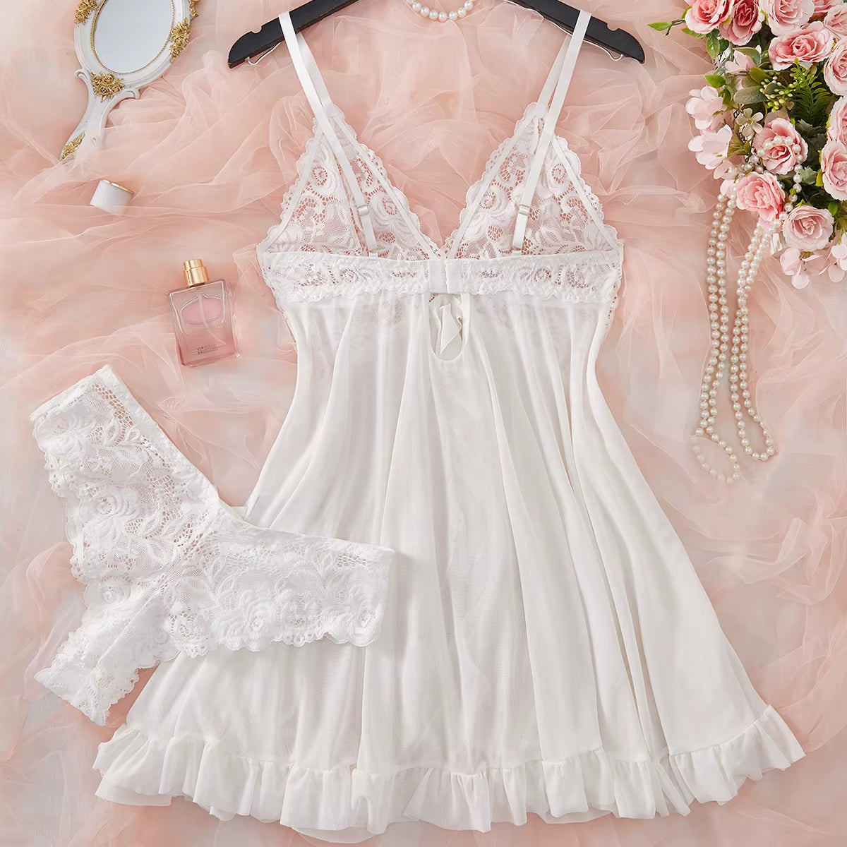 Romantic White Sexy Lingerie Women'S Underwear See through Sleepwear Lace Nightdress and Panty Pijamas Sets Female Sexy Nighty
