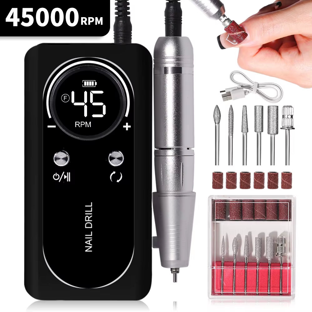 Professional 45000RPM Electric Portable Nail Drill Machine Rechargeable Low Noise Nail Sander File for Manicure Salon Tool